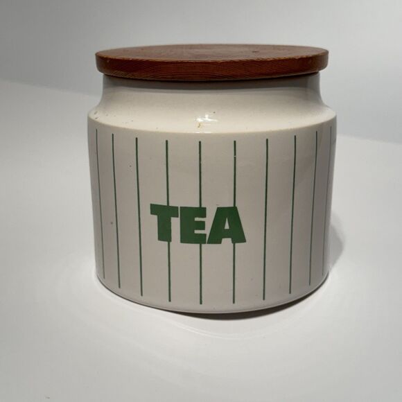 Hornsea Pottery England Green Stripes Tea Canister White Retro Wood Top MCM Jar - Picture 2 of 9